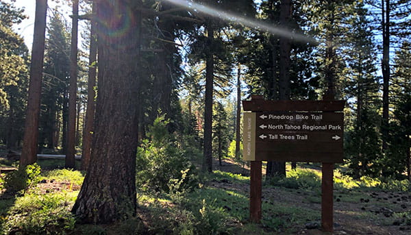 Trail sign on the Pine Drop trail in North Tahoe Regional Park in Tahoe Vista, CA