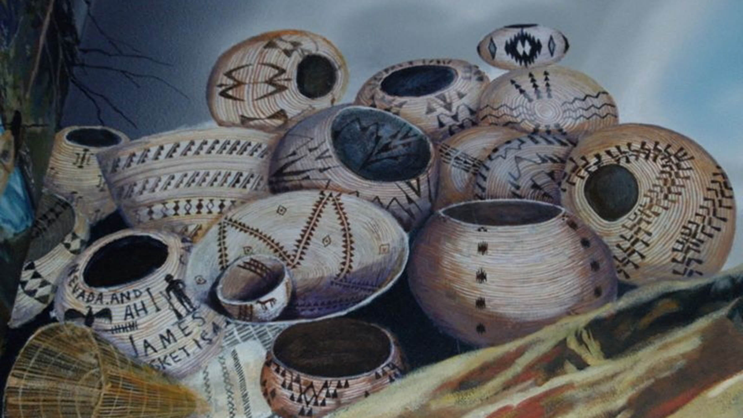 A collection of woven baskets made by the Washoe Tribe