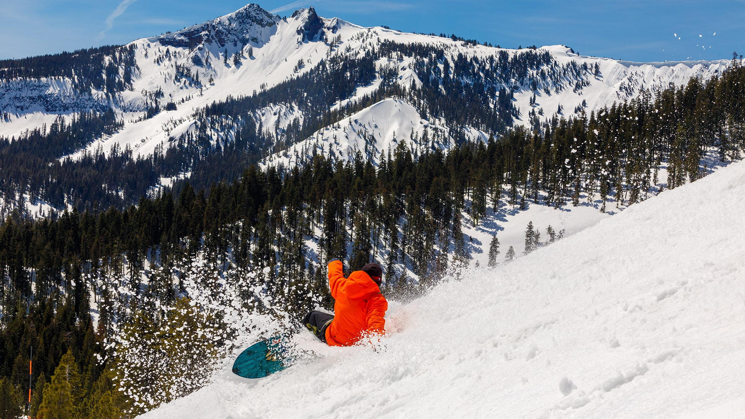 Snowboarding at Alpine Meadows with views of Twin Peaks