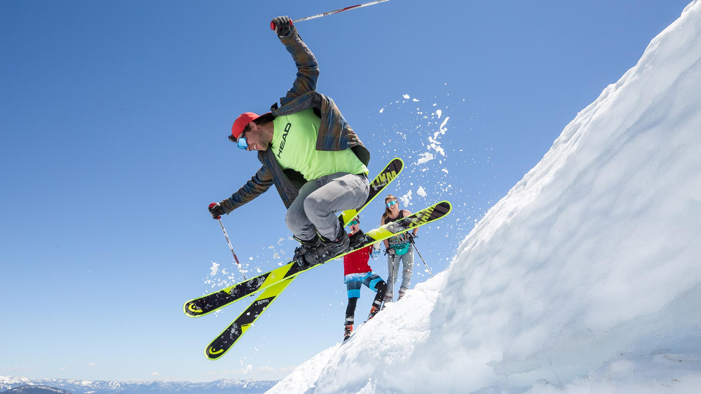 Spring Skiing group with lake tahoe in the background