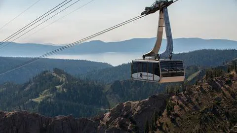 the aerial tram on a summer day with lake tahoe in the background