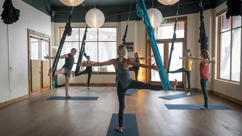 Wanderlust Studio aerial yoga class in the village at squaw valley