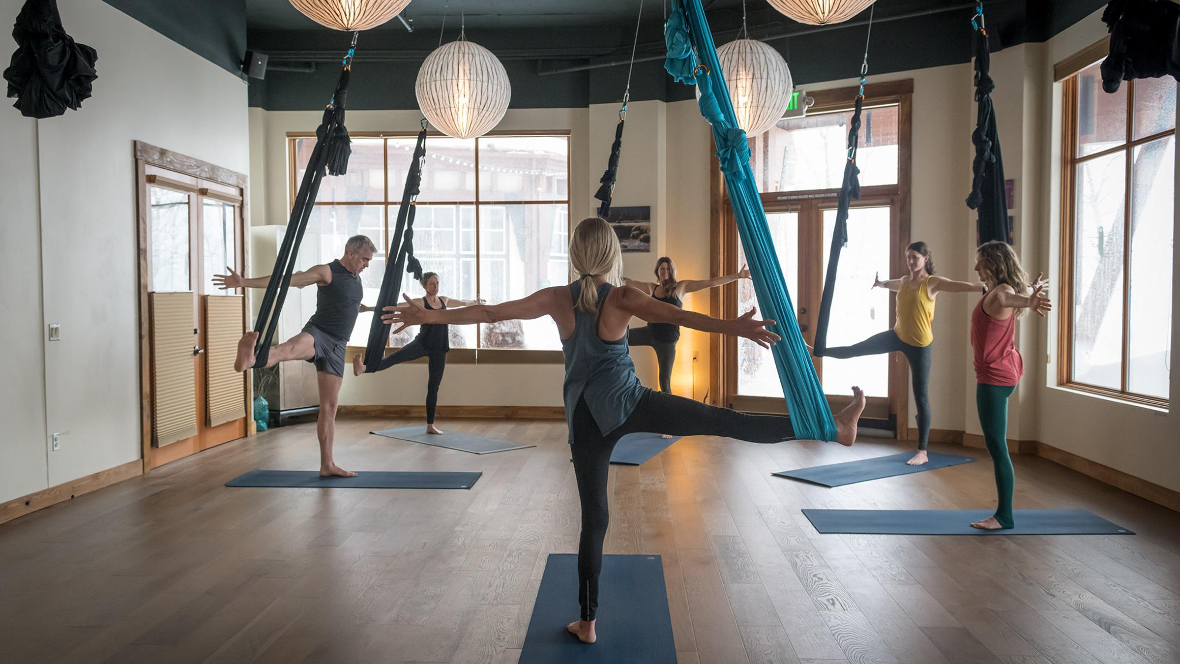 Wanderlust Studio aerial yoga class in the village at squaw valley