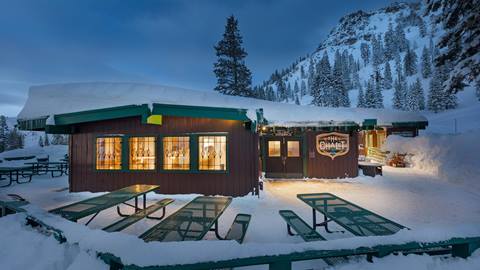 The Chalet at dusk in preparation for Snowshoe Dinners at Alpine Meadows