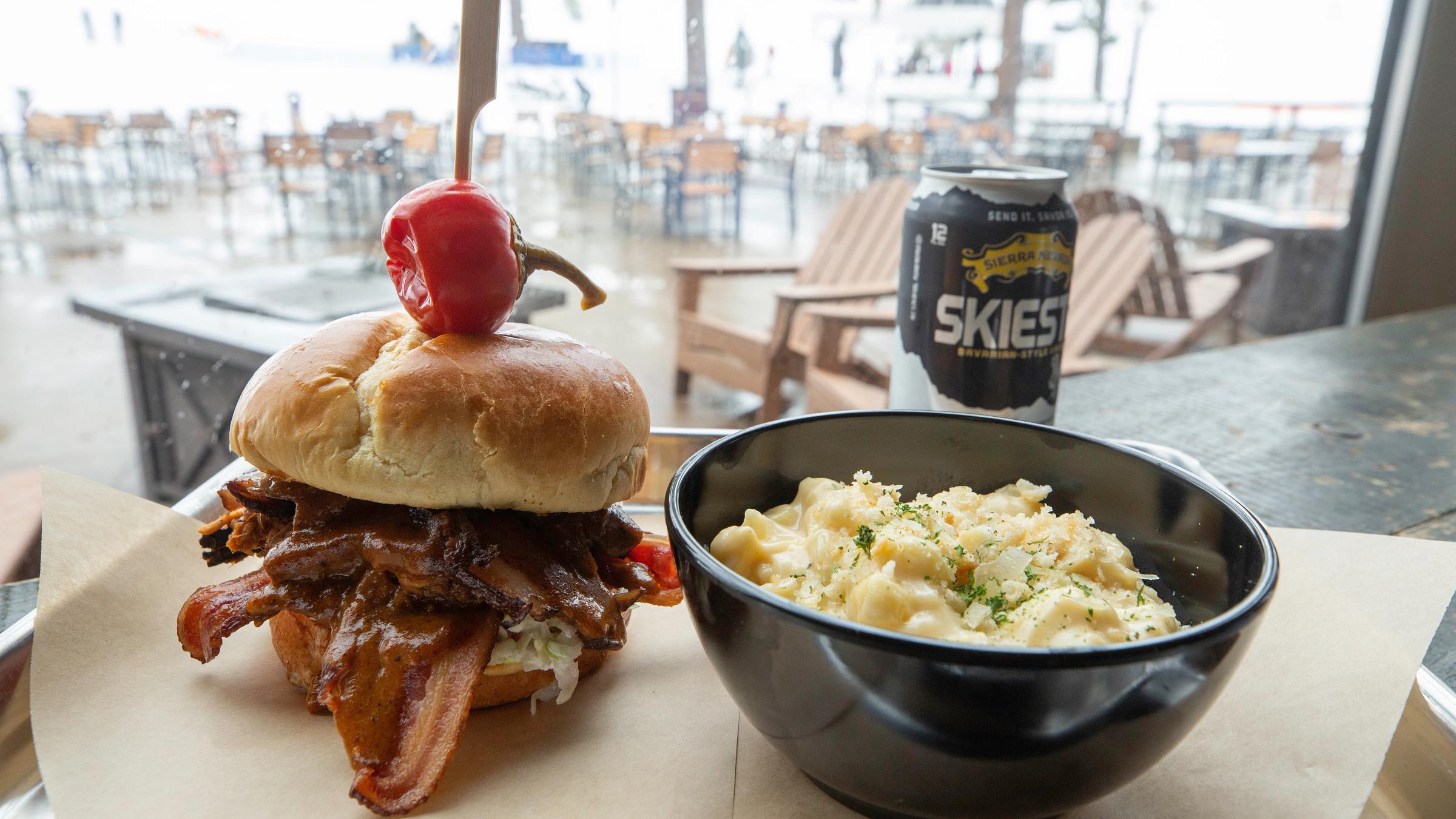 A pulled pork sandwich and mac n cheese from SmOkehouse BBQ at Squaw Valley