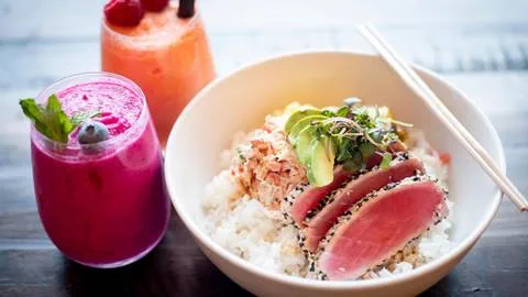 Smoothies and fresh poke are served at Sun Bowl in The Village at Palisades Tahoe.