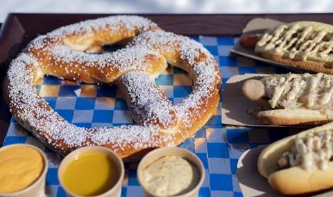 The Chalet delicious giant pretzel and bratwurst 