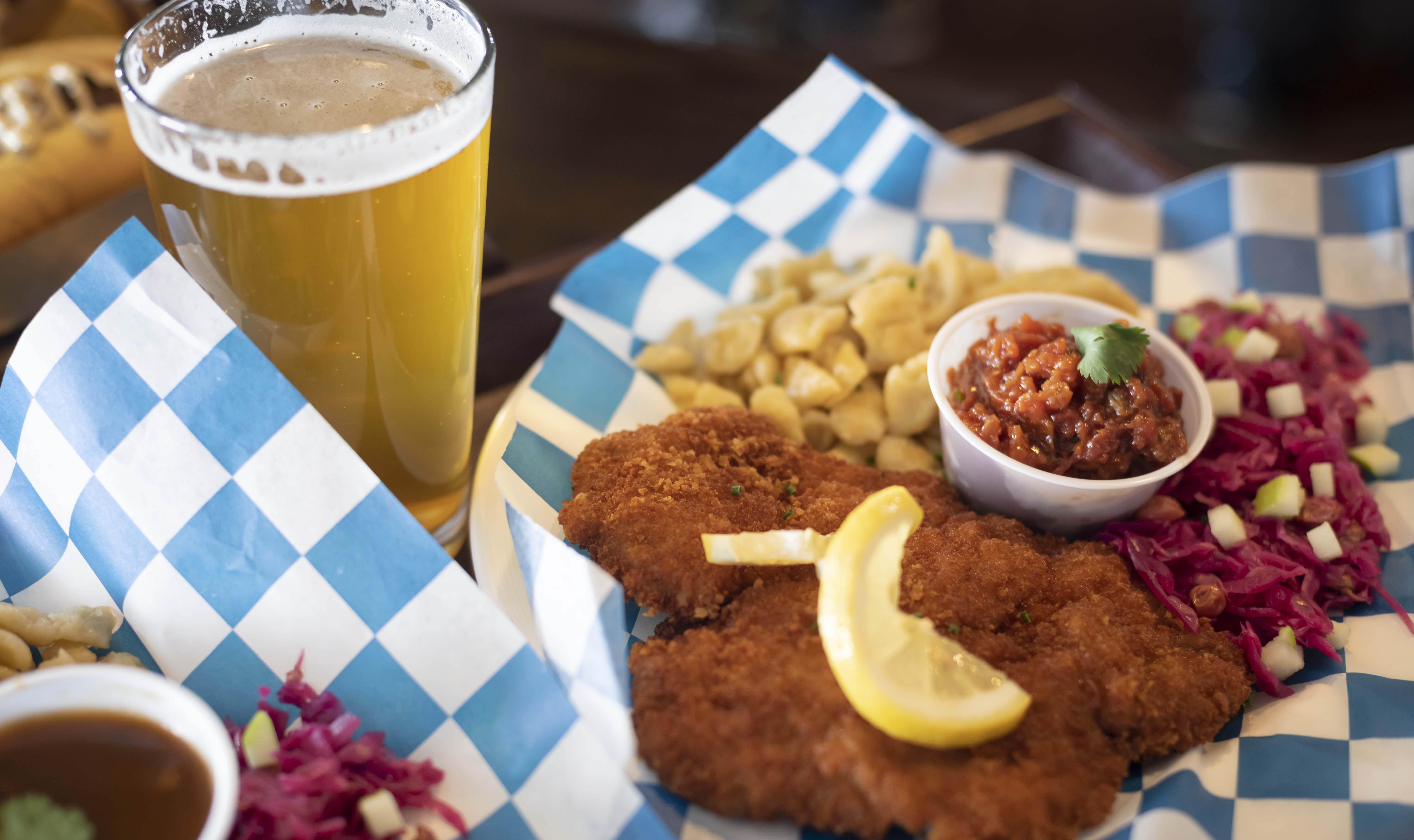 One of The Chalet's many draft brews with delicious schnitzel 