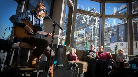 Brett Dennen solo performance for a group in Plaza Bar at the Village at Squaw Valley