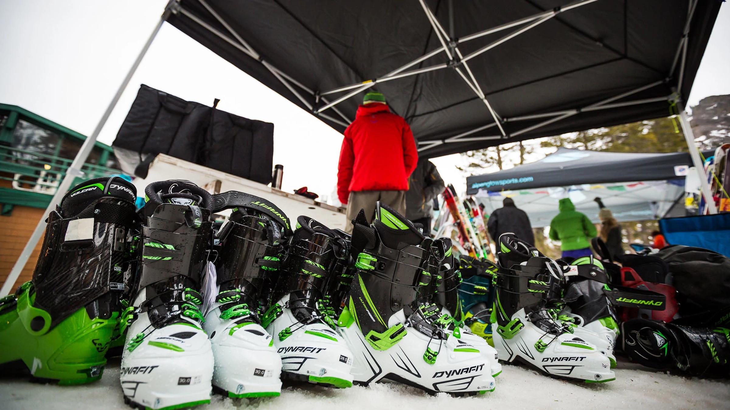 Ski boots on display at Alpine for Alpenglow Backcountry Demo Day