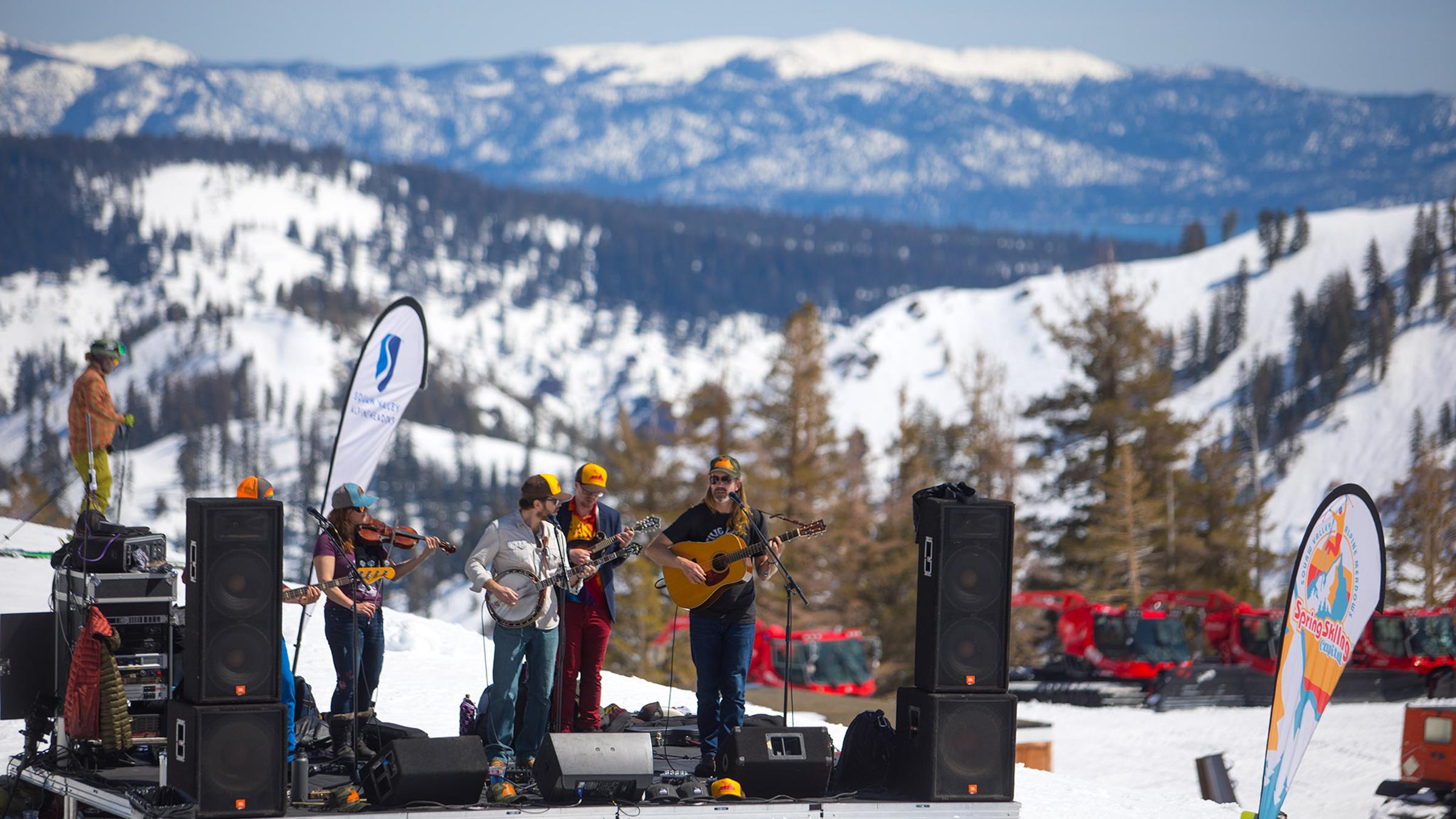 A band performs at Gold Coast at Squaw Valley as part of 2019 WinterWonderGrass