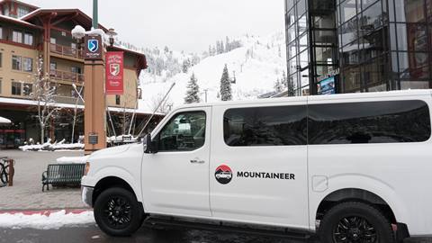 A free Mountaineer shuttle in front of The Village at Squaw Valley