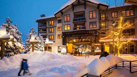 Village at Squaw Valley exteriors at dusk with fresh snow