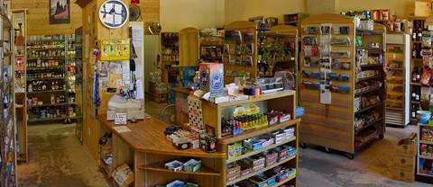 A complete view of a Palisades Tahoe convenience store and its products. 