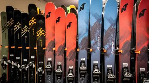 Nordica Demo Skis on a rack at the Demo & Rental Shop in Squaw Valley