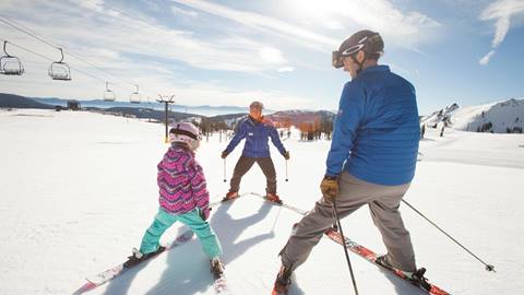 Squaw Valley Teaching Tykes Ski Instructors Josefina Romero Villefane and Franco Damian Venvenuto.Sophie Molinari as the tyke, and Matt Molinari as her father.