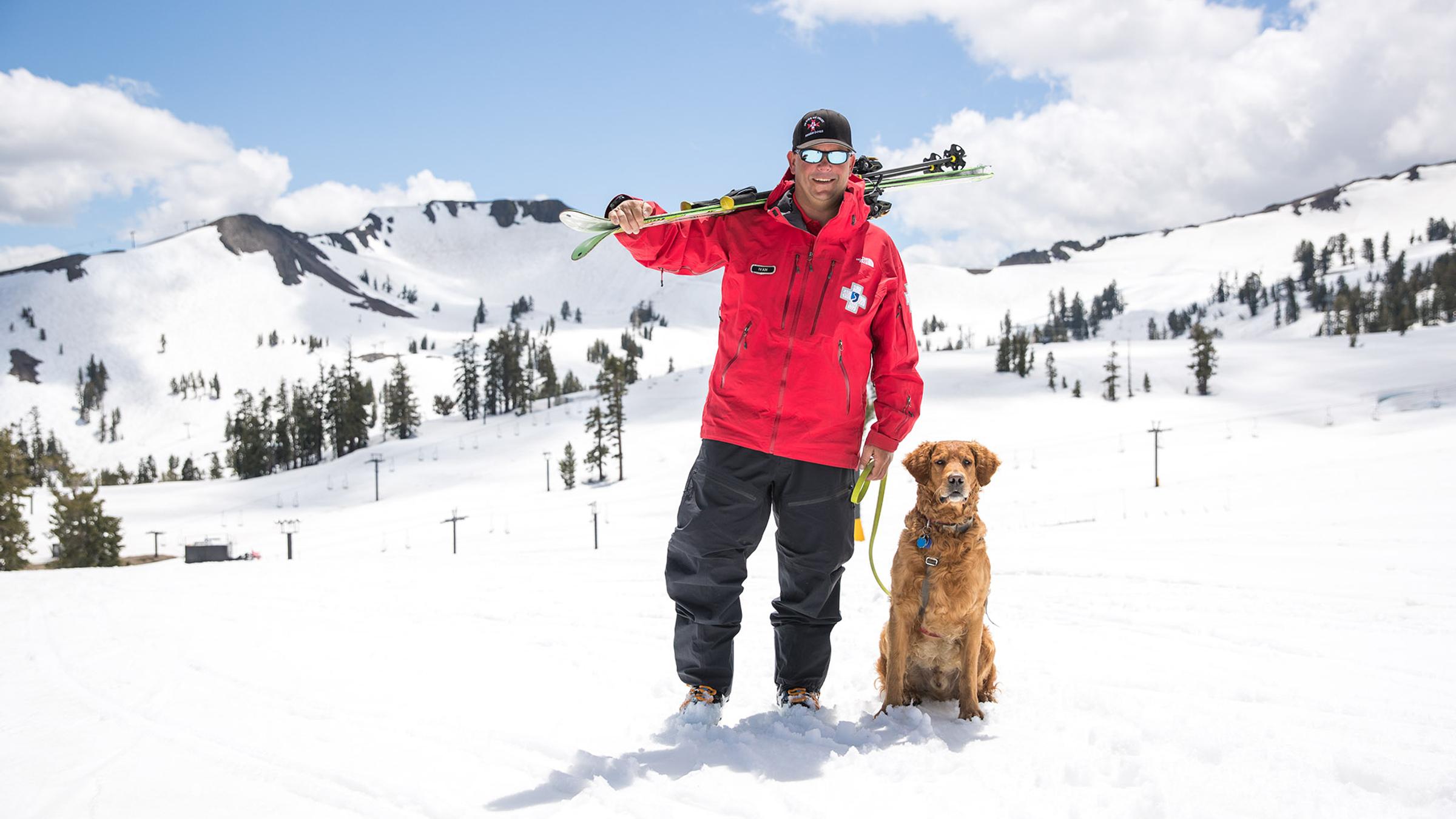 A ski patroller and his dog in the Gold Coast area of Squaw Valley
