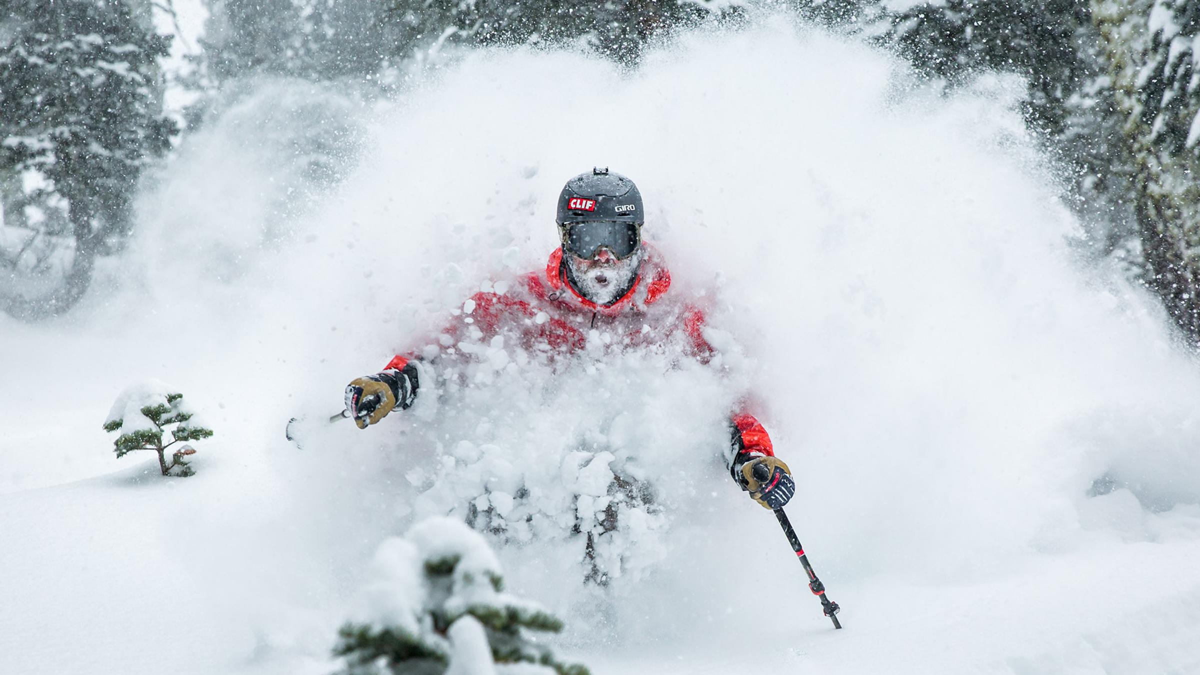 Travis Ganong getting pitted in deep blower powder at squaw valley