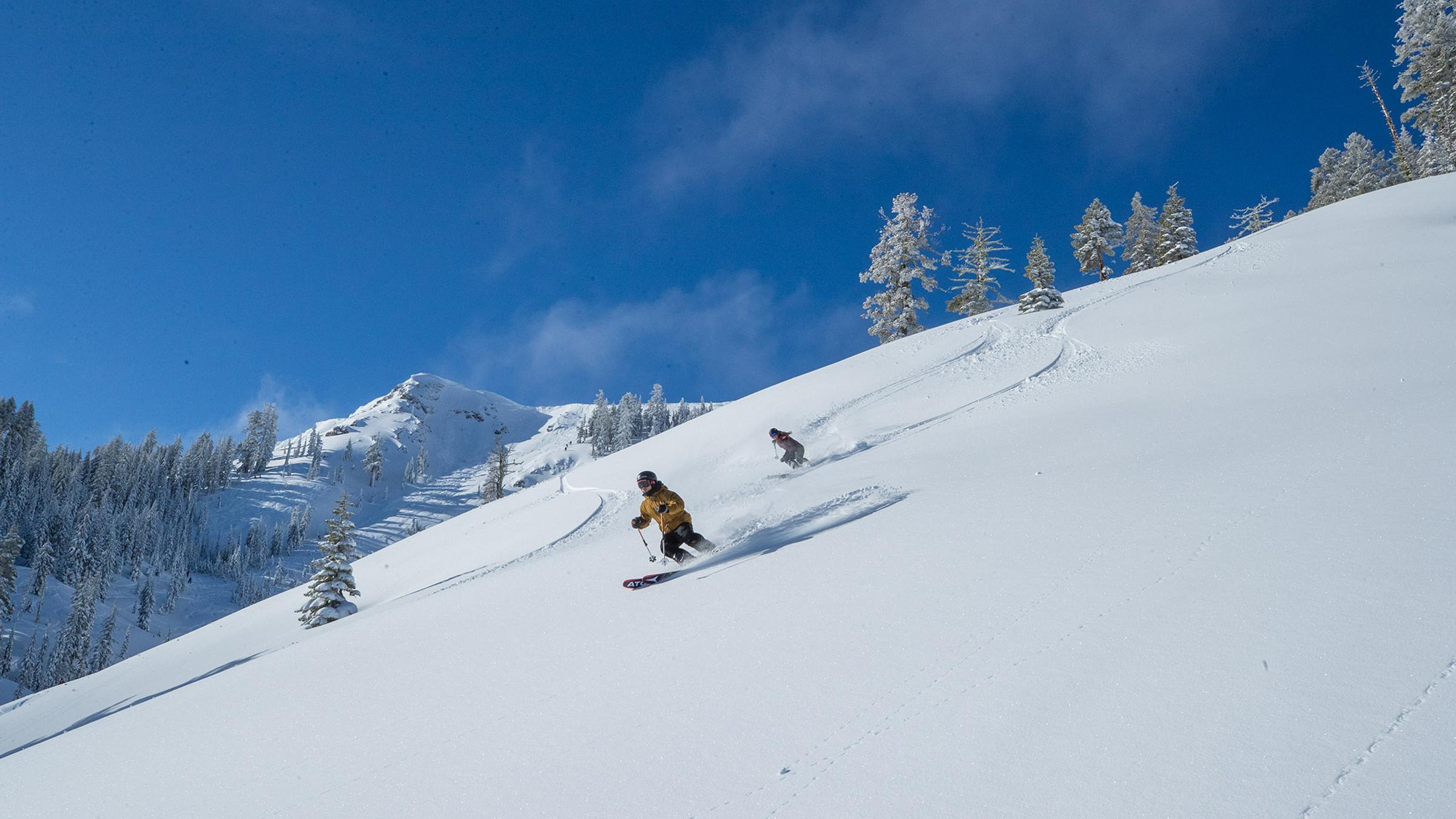 A couple powder skiing at Alpine Meadows
