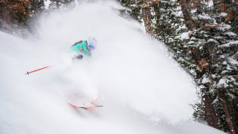 Amie Engerbretson skiing deep powder storm day at Squaw Valley